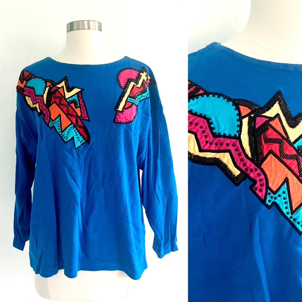 Vintage 80’s blue rainbow embroidered bedazzled beaded pop over top shirt